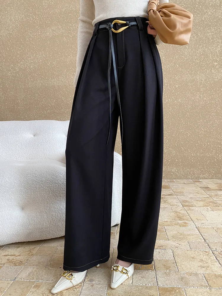 [LANMREM] Office Lady Pleated Design Pant For Women Straight Wide Leg Trousers Minimalism Clothing 2024 Winter New 26C840