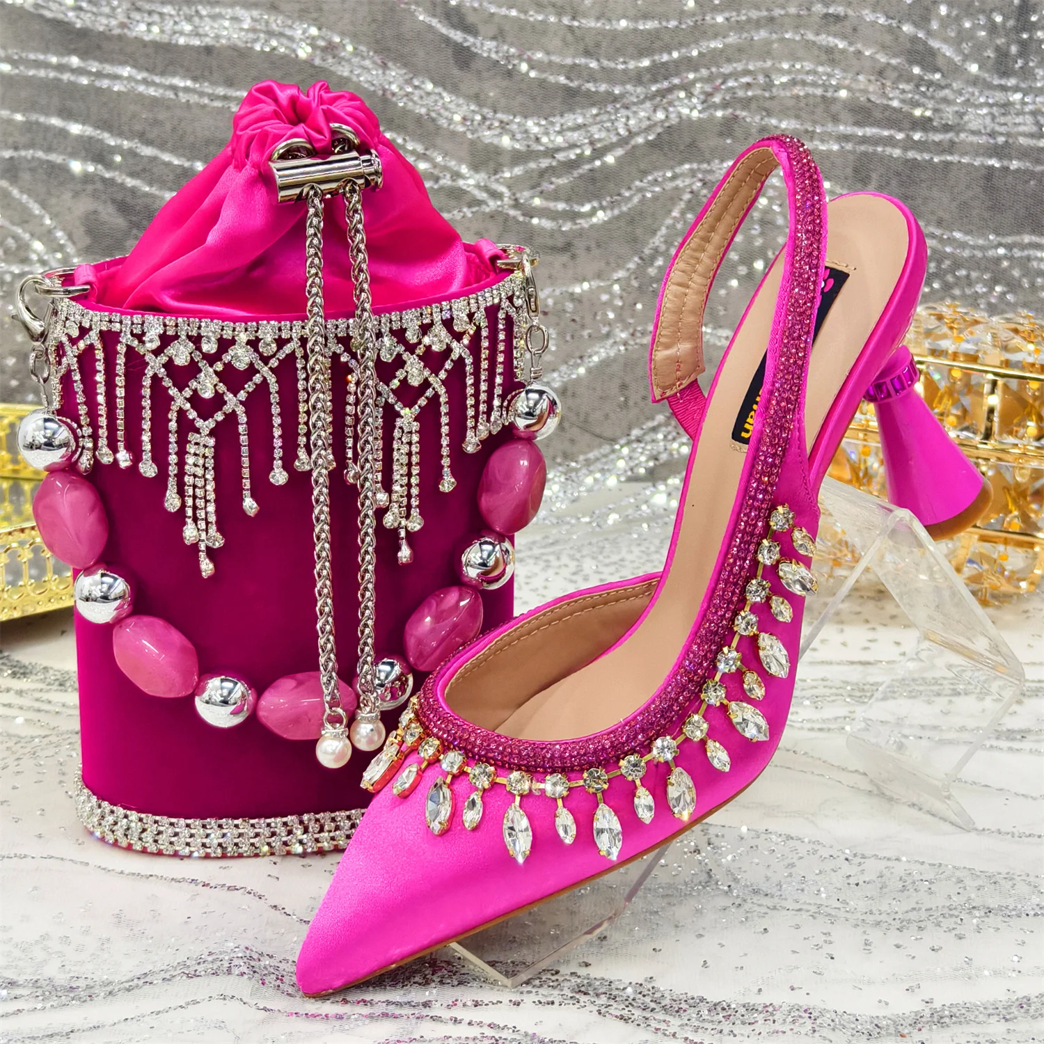 Venus Chan Fuchsia Color Pointed-Toe High Women Heels Shoes and Bags for Women Rhinestone Evening Party Elegant Luxury Handbag