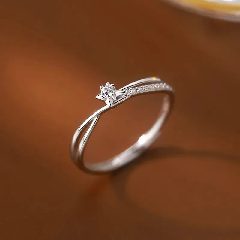 Fashion Luxury Sterling Silver Inlaid Tiny Zircon Adjustable Crossed Star Ring for Woman Korean Wedding Jewelry Accessory Gifts