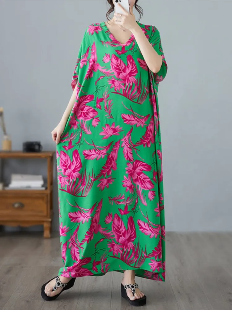 Oversized Summer V-Neck Long Robe Dress Women Flower Floral Print Modis Loose Ladies Dresses Casual Pleated Woman Pullover Dress