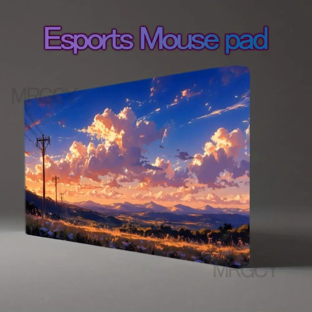 Anime Sunset Countryside Large Mouse Pad XXL Golden Hour Mountain Meadow Power Poles Glowing Orange Clouds Blue Sky Serene Rural