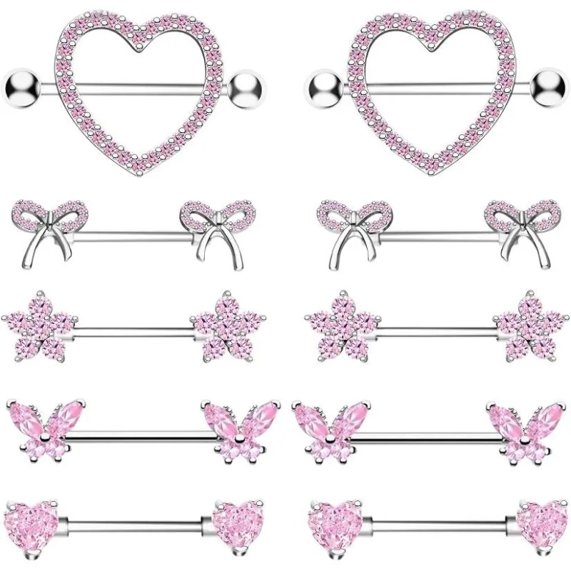 موضة الفولاذ المقاوم للصدأ الوردي القلب القمر الحلمة ثقب مجموعة كريستال مثير الحلمة الدائري مجوهرات للجسم Perforaciones Del Pezón #5