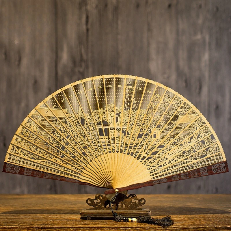 Chinese Sandalwood Fan - 7-Inch Burmese Incense Wood Hollowed-Out Carved Folding Fan Chinese-Style Gift Fan