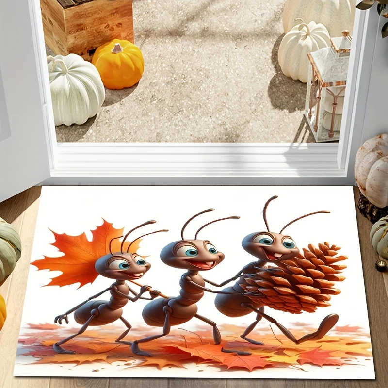 1pc Autumn-Themed Bathroom Non-Slip Mat, Featuring an Ant Pattern with Maple Leaves and Pine Cones on the Back, Soft Polyester