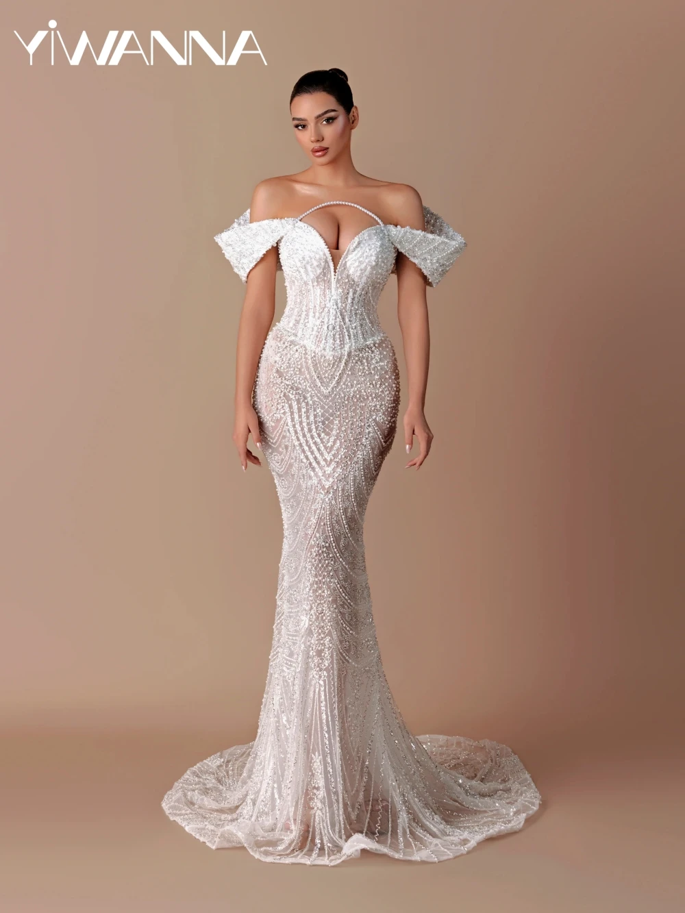 

Shimmering Beaded Pearls Mermaid Long Wedding Dress Luxurious Off Shoulder Bridal Gown Customized Charming Dresses For Bride