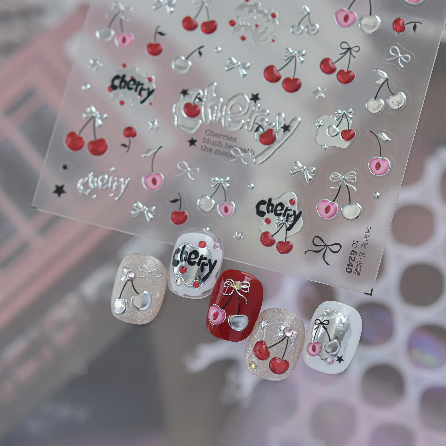 Metal Cherry Bow Gradient Cherry Bow Sweet‑Cool Y2K 5D Nail Stickers Five‑Pointed Star Self‑Adhesive Nail Decals Retro Manicure