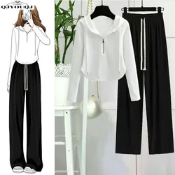 Single/Set Women's New Korean Edition Design Feel Zipper Curved Hoodie+High Waist Wide Leg Pants Two Piece Set