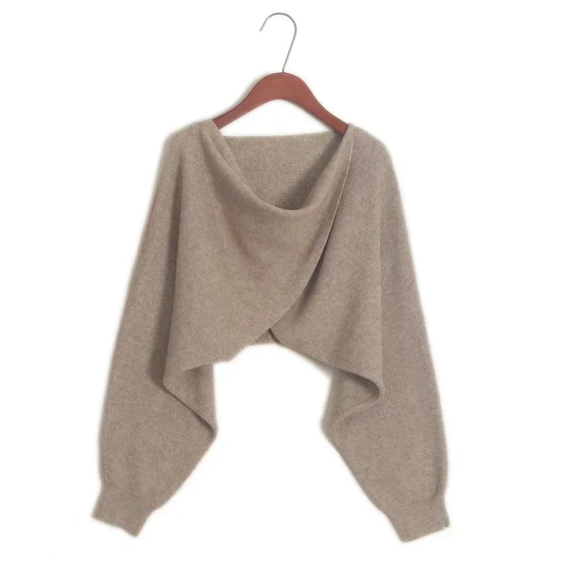 Irregular Cross Design Sensibility Knitted Top Cropped Pullover Sweater Women's Batwing Sleeve Solid Color Jacket Autumn/Winter