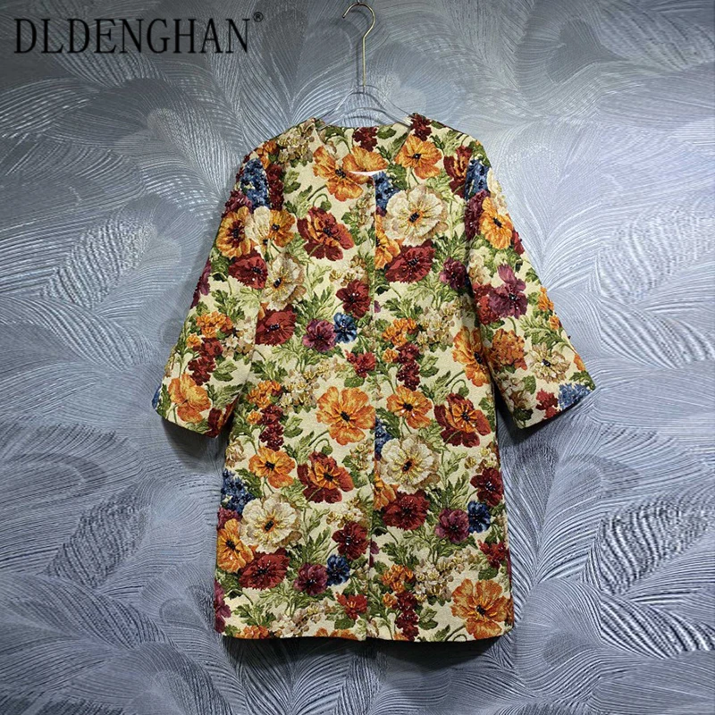 DLDENGHAN Autumn Covered Button Beading Coat Women O-Neck Three Quarter Sleeves Flower Print Vintage Outerwear Fashion Designer