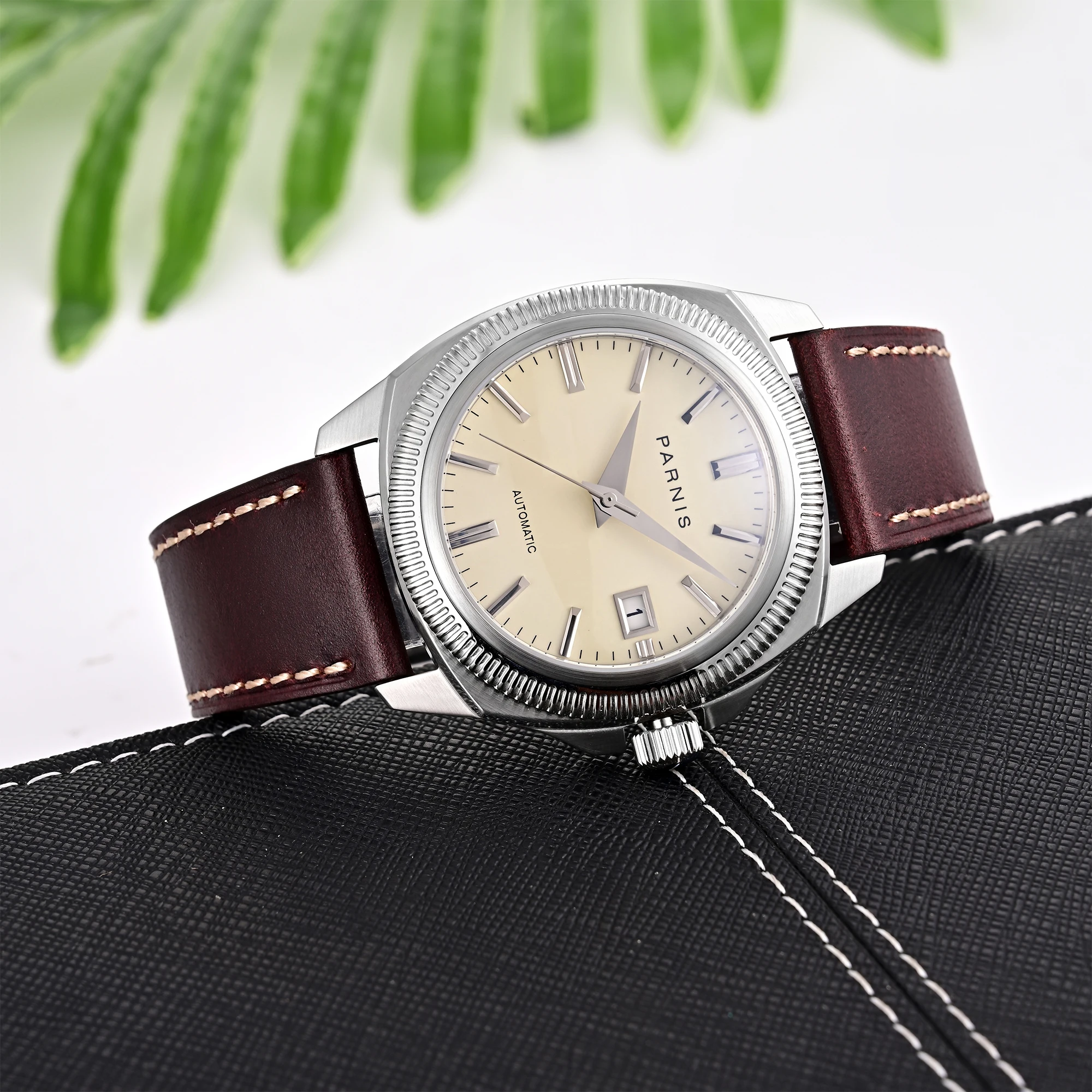 2026 New Luxury Parnis 41mm Silver Case Automatic Mechanical Men Watches Leather Calendar Sapphire Glass Men's Waterproof Watch