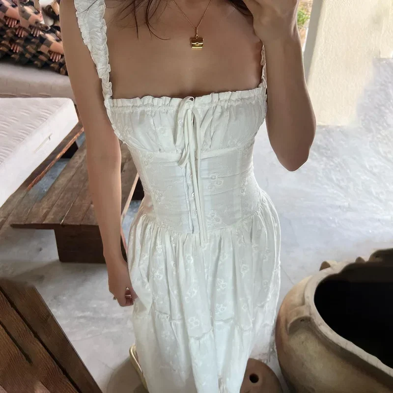 Simple Elegant Square-neck White Maxi Dress Summer Slim Lace Up Sleeveless Dreses French Party Beachwear Casual Vestidos