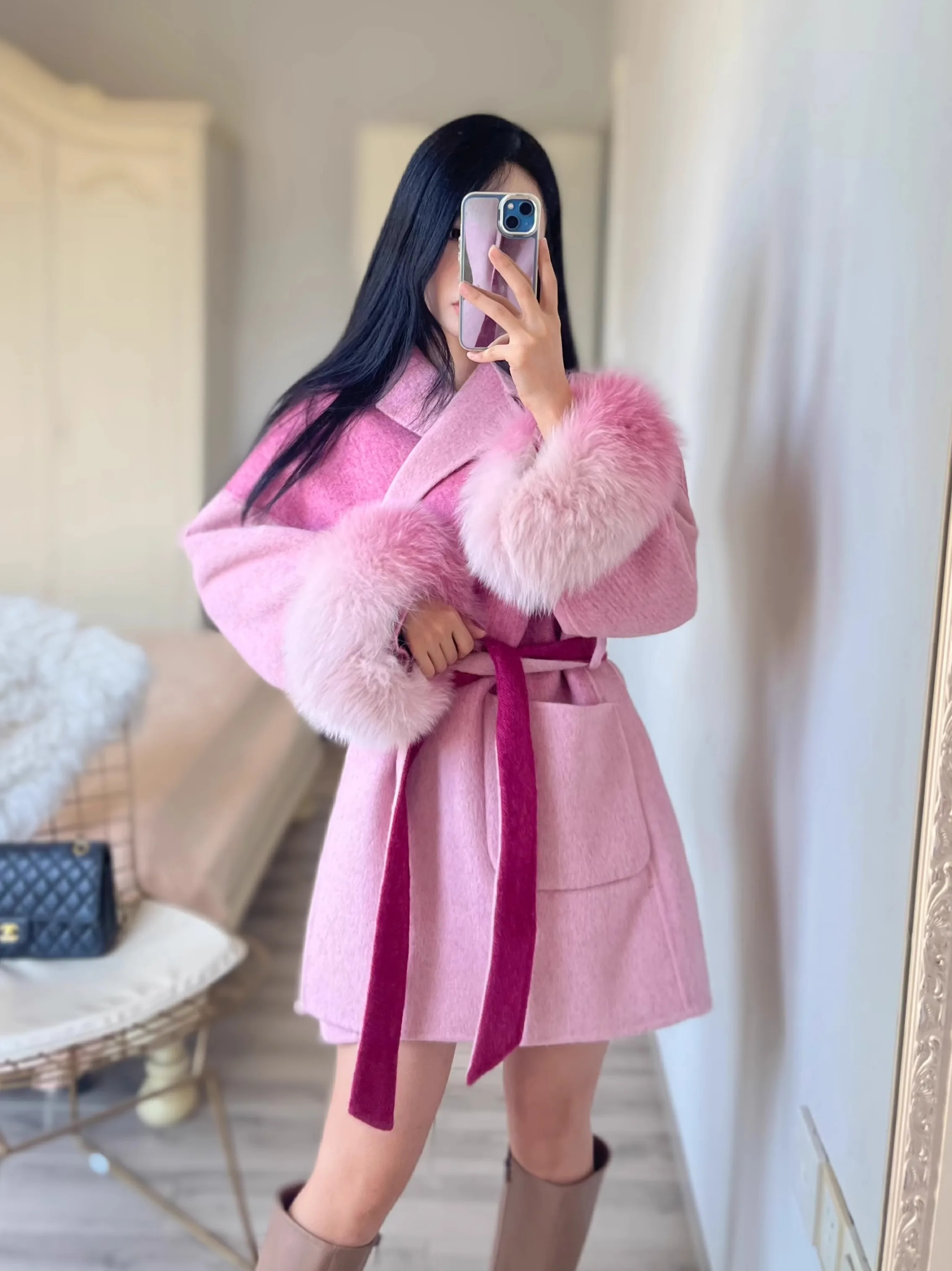 

New Autumn And Winter Double-sided Wool Cashmere Coat Gradient Color Oversized Fox Fur Sleeves Double-sided Wool Woolen Coat