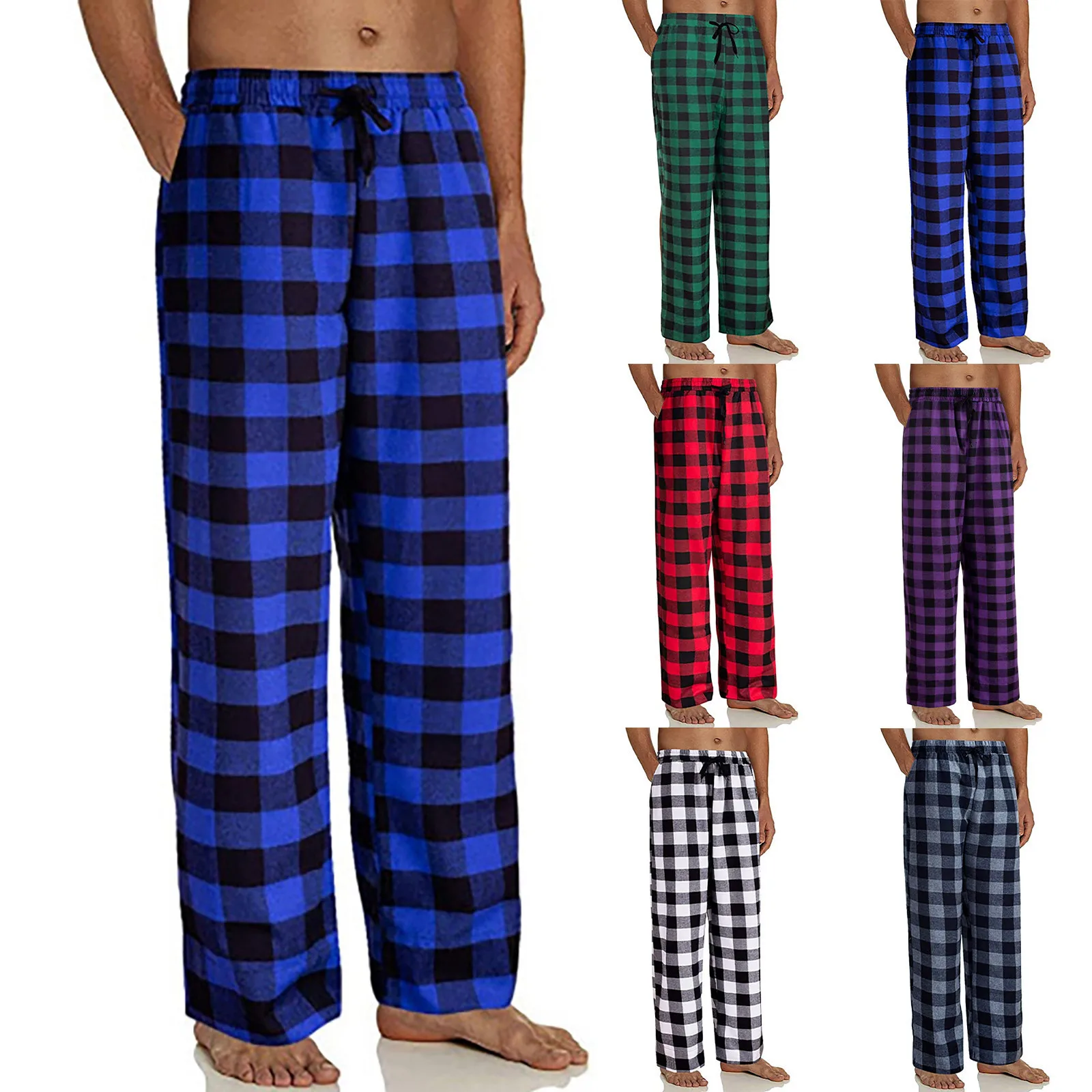 Men Pajamas Plaid Pants Sleep Long Pant With Pockets Soft Pj Bottoms Classic Home Wear Elastic Waist Korean Fashion Clothing