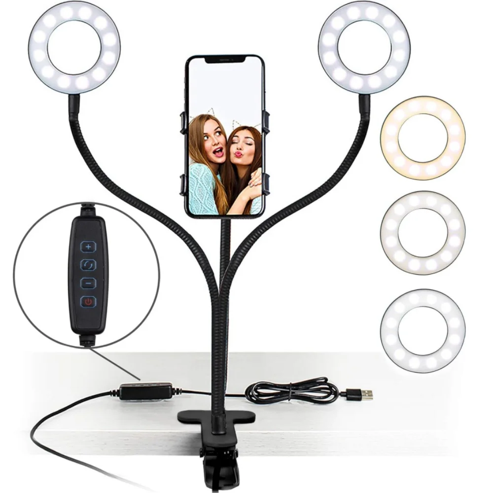 Luz LED de anillo con clip, regulable, doble luz para selfies con soporte flexible para teléfono, soporte flexible, lámpara de escritorio LED para transmisión en vivo
