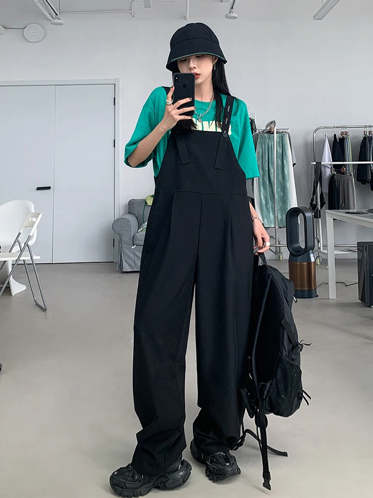 

Черный повседневный комбинезон с высокой талией для девушек больших размеров, осенняя новинка, уличный стиль, широкие штанины, удобный свободный крой, корейский стиль