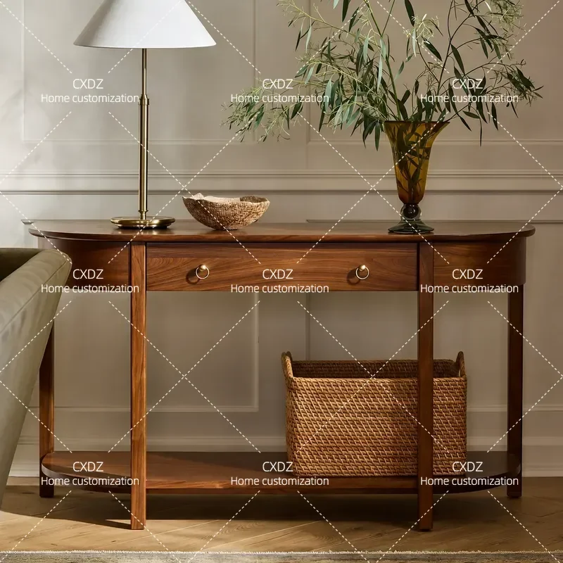 American Country Solid Wood Semi Round Porch Table with Drawer Entryway Foyer Storage Cabinet Decorative Console Table