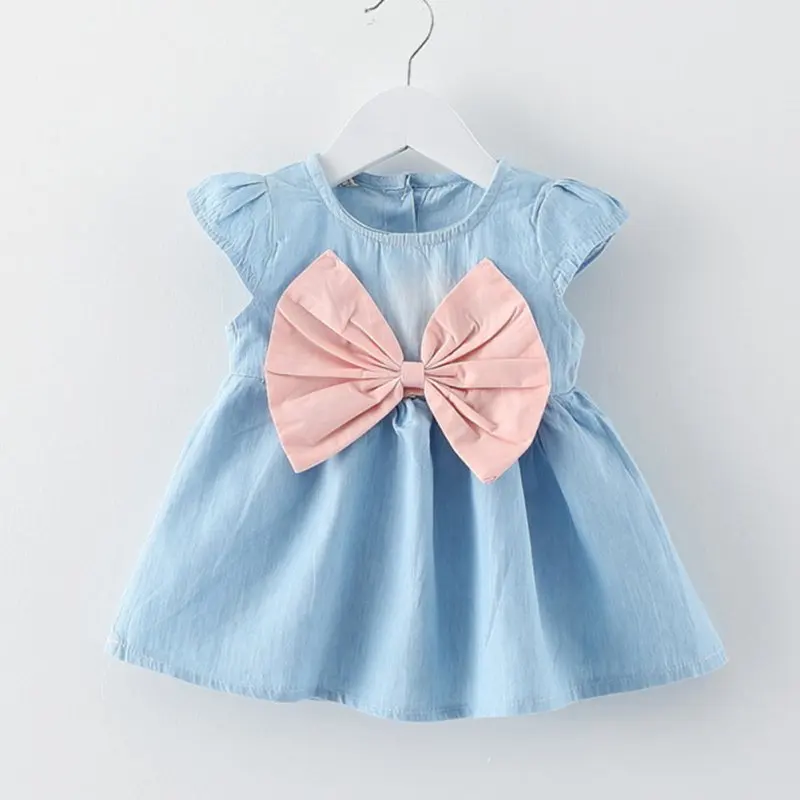 

Girls' Denim Dress Summer Cute Baby Soft Cotton Clothes Toddler Children's Chest Big Bow Sweet Princess Knee-Length Dresses