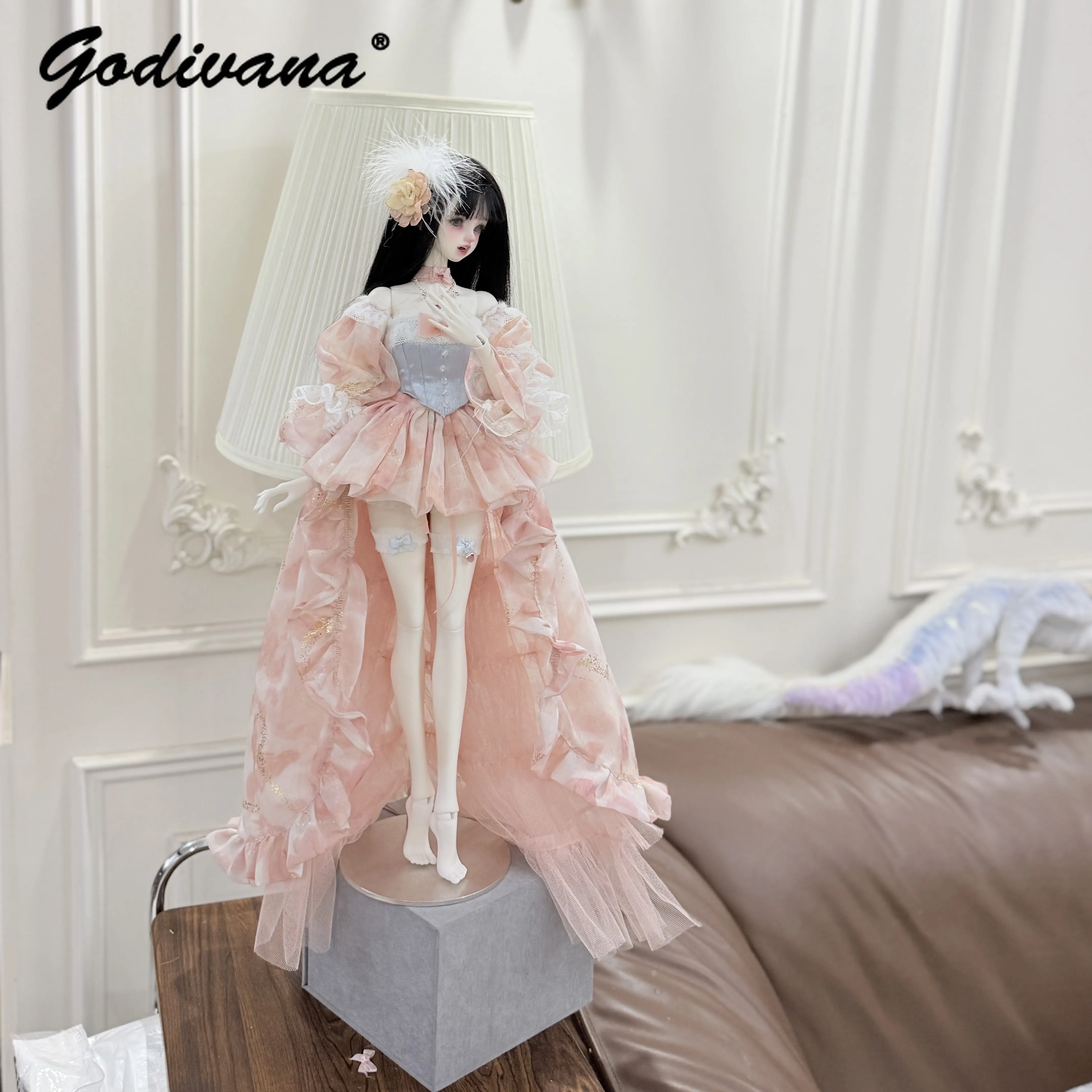 1/4 Large 1/4 BJD Doll Clothes Sweet Elegant Pink Large Mesh Trailing Princess Skirt Lace Puff Sleeve Corset Top with Socks Set