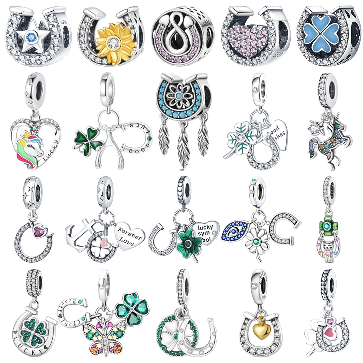 

Original 925 Charms Sterling Silver Horseshoe Kitten Clover Beaded Pendant for Pandora DIY Bracelet Ladies Jewellery Gift