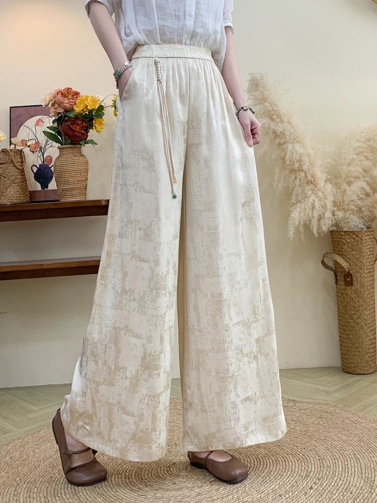 

Новые женские брюки-палаццо из атласа с вышивкой и бахромой, свободного кроя, с эластичным поясом, в винтажном стиле, для весны и лета