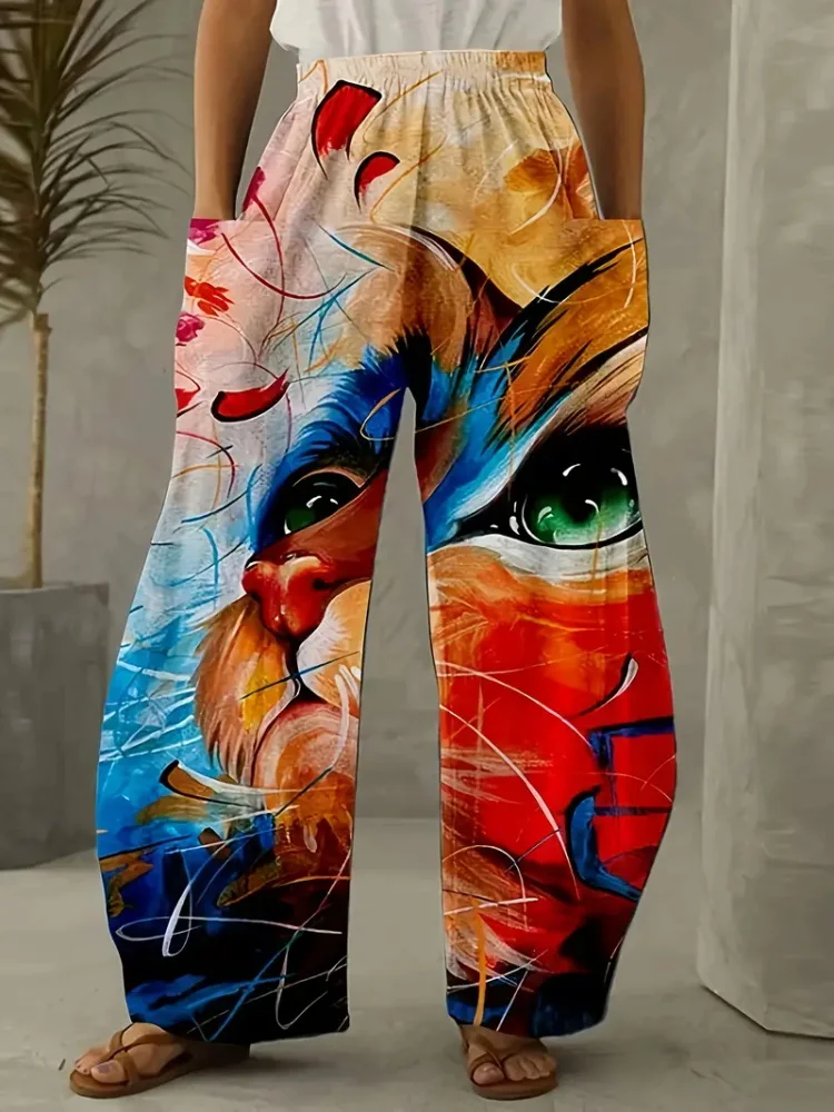 Desenho animado divertido para gato com estampa 3D para mulheres, calças de bolso lateral dupla, moda urbana, para rua, para mulheres, estilo casual, solto, longo