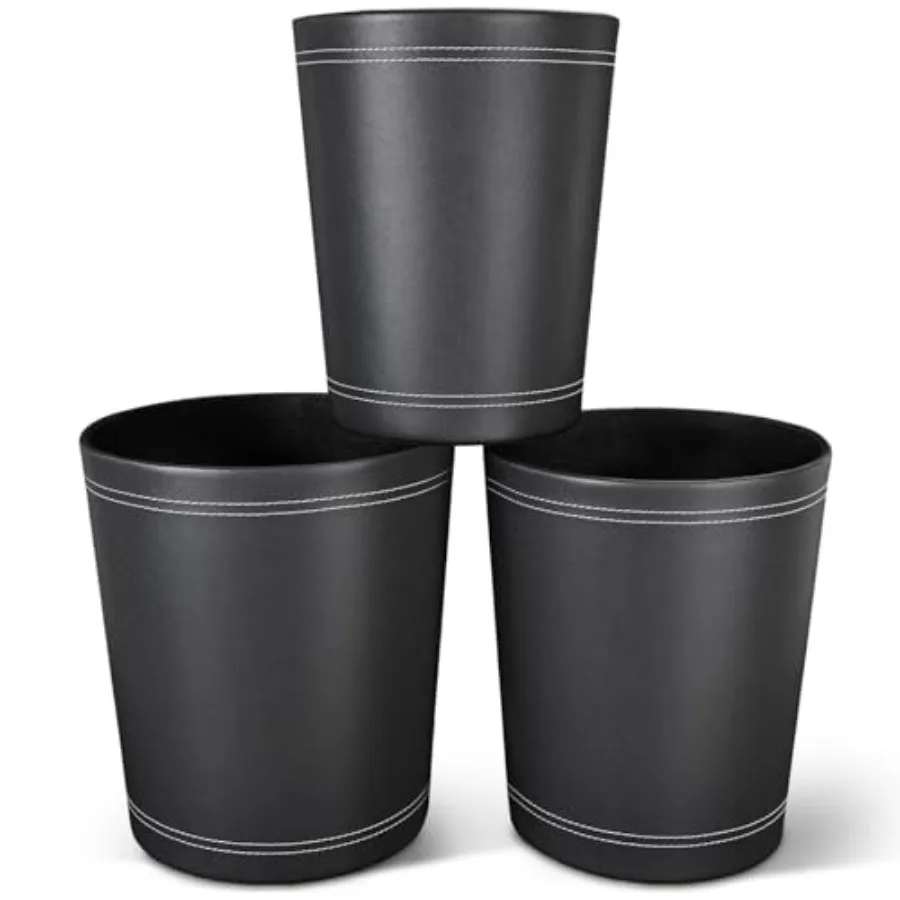 

3 Pack Black Round PU Leather WastebasketTrash Basket Small Trash Can Wastepaper Baskets Garbage Can Container Bins for Bathroo