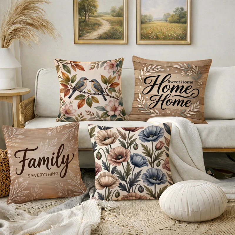 4pc Rustic Farmhouse Throw Pillow Covers Set of 4  Vintage Floral Bird Home Sweet Home Family Decorative Cushion Cases for Sofa