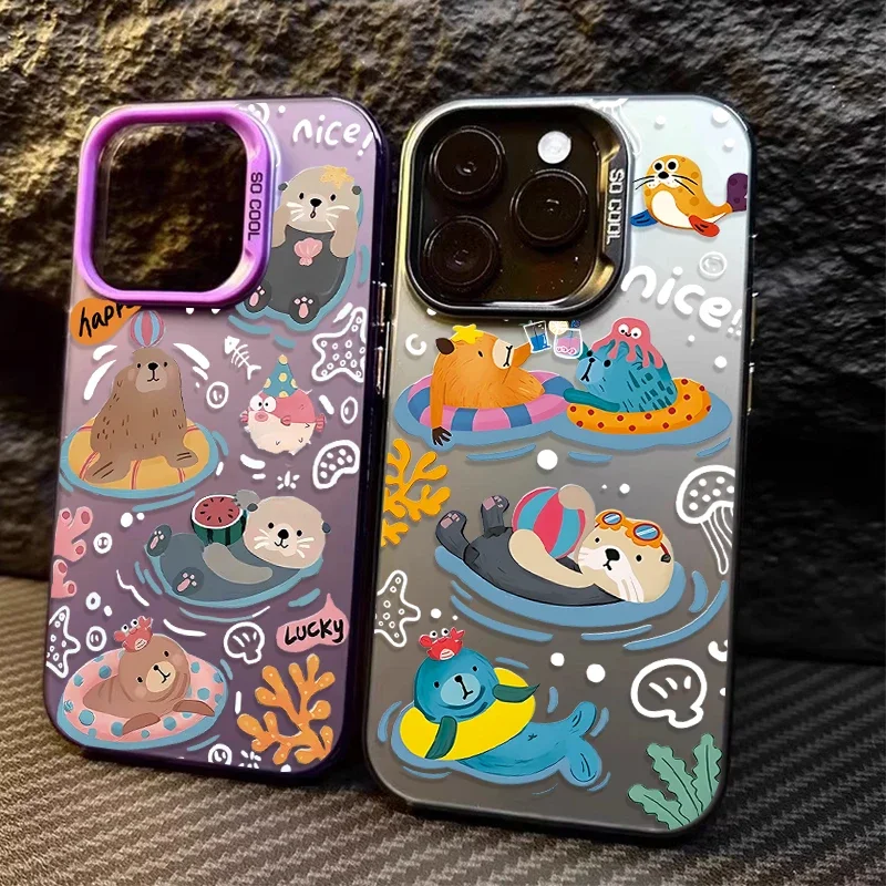 Cute Capybara Sea Otter Matte Hard Case for iPhone 16 15 14 13 12 11 Pro Max XS X XR 8 7 Plus SE 2020 Shockproof Plating PC Capa