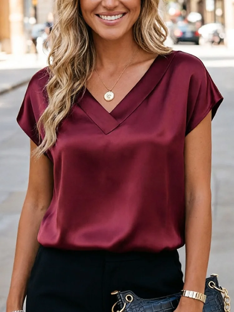 Nueva Blusa de Moda para Mujer, Manga Corta, Color Sólido, Estilo Oficina, Cuello en V, Elegante, Casual, Holgada, para Verano