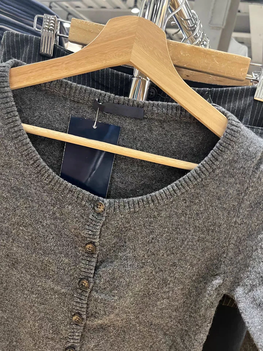 ダークグレー七分袖セーターカーディガン秋 O ネックシングルブレストスリムニットウェア女性ヴィンテージシンプルな綿セーター