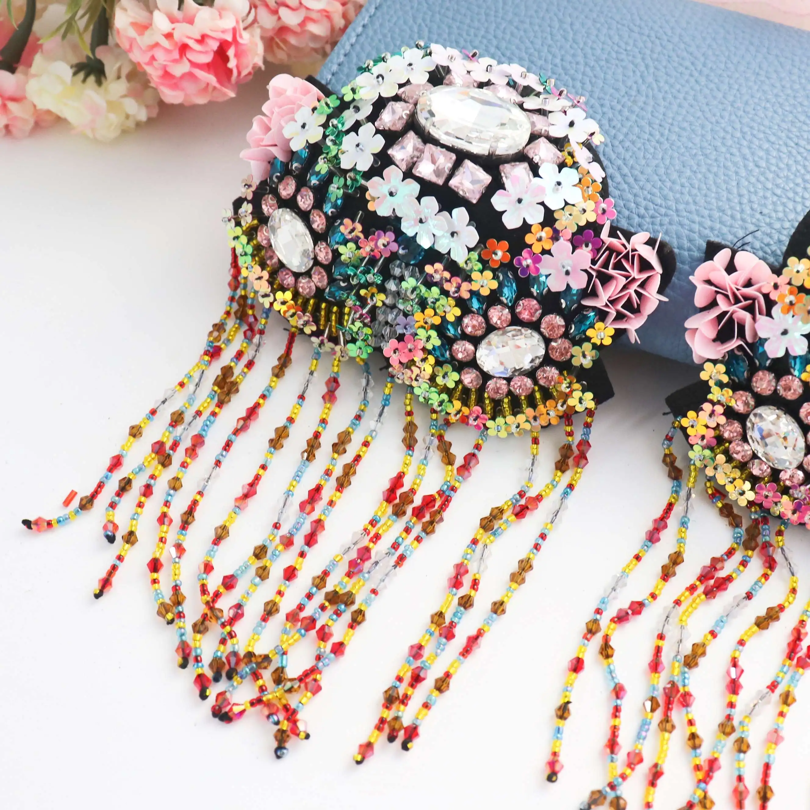 colorful flower beaded jewelery tassel big shoulder brooch epaulet /epaulettes spikes/escapulario blazer accessories/pin badge