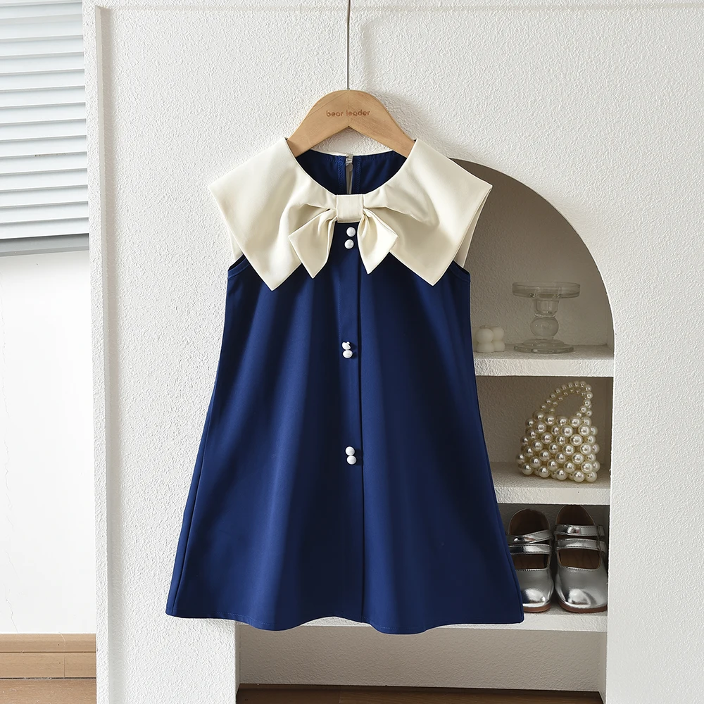 3-7 Jahre Alte Mädchen Sommerkleid in Blau mit Weißer Schleife am Kragen Süßes Prinzessinnenkleid für Geburtstagsfeiern Kinderkleidung