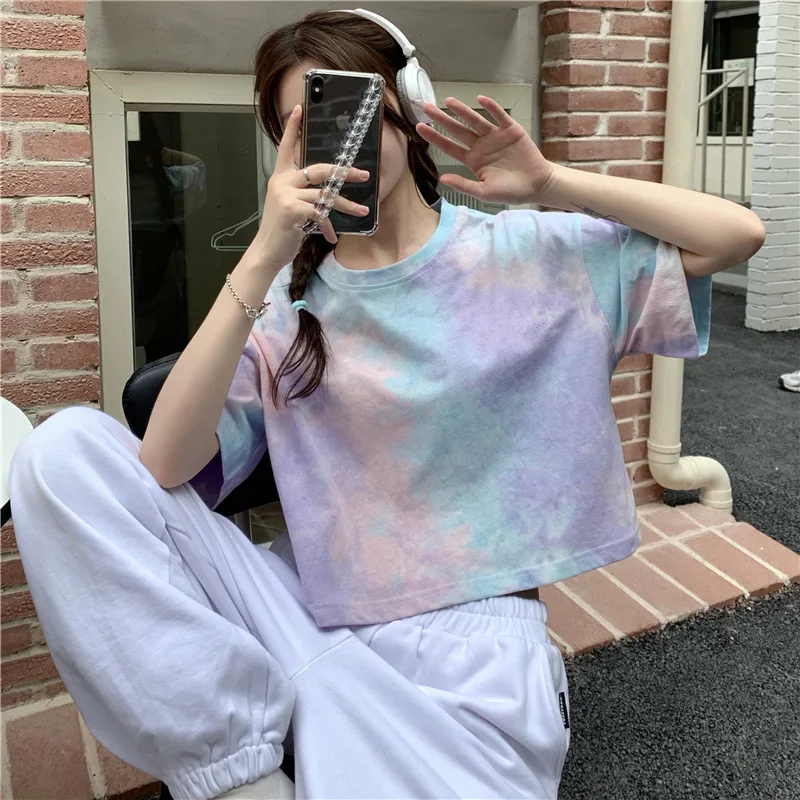 Summer Korean Fashion Y2K T-shirt Woman Japanese Tie-Dye INS Crop Top Women Sexy Vintage Tee Shirt Short Sleeve Clothes