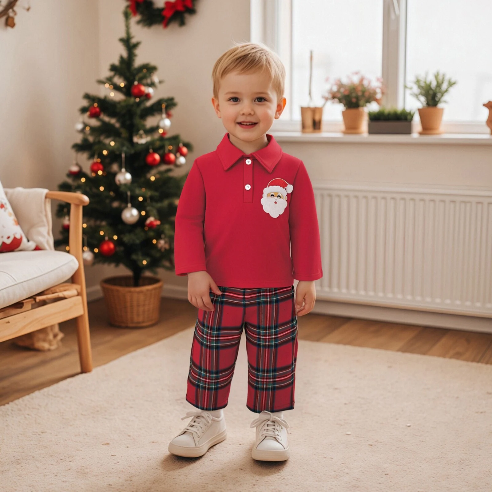 

Suefunskry Рождественские наряды для маленьких мальчиков, пуловер с длинными рукавами и лацканами с вышивкой Санта-Клауса + клетчатые штаны с эластичной резинкой на талии, комплект из 2 предметов