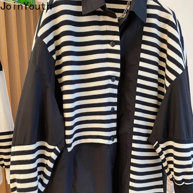 2023 Women Clothing Patchwork Fake Two Sweatshirts Contrast Color Striped Casual Y2k Tops Fashion Korean Oversized Hoodies 7L706