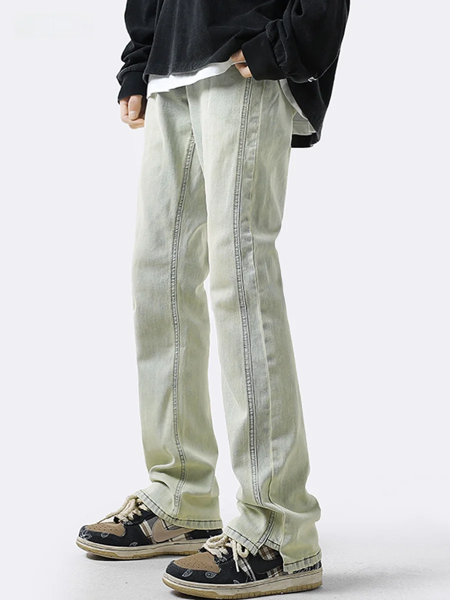 

American Retro Yellow Clay Men's Jeans High Street Split Straight Leg Pants Youthful Wear Resistant Micro Stretch Denim