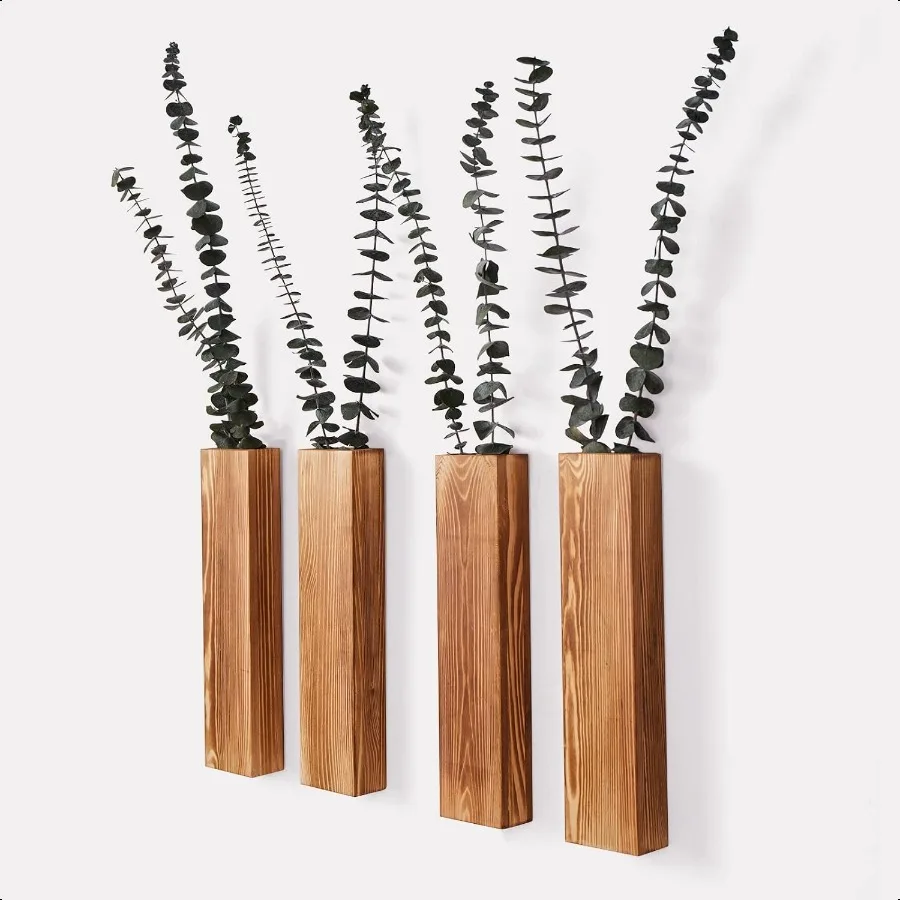 

4Pack Wood Wall Planters for Fake Plants and Dried Flowers Stems 12" Slim Modern Wooden Vases Wall Decor for Living Room Bedroo