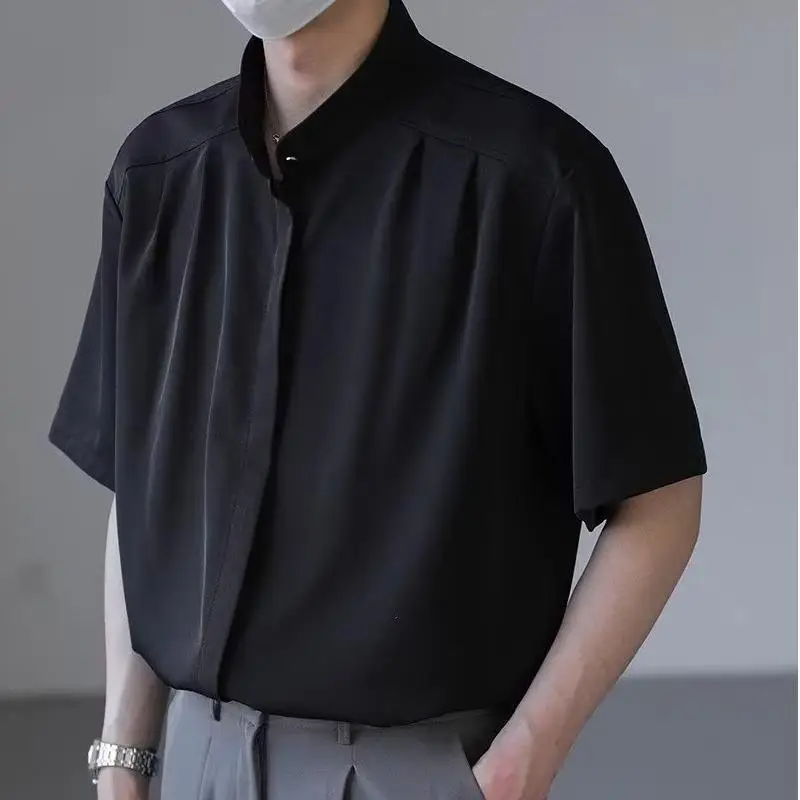 Summer and Autumn Drape Chinese Style Short Sleeved Pleated Pure Color Three-Dimensional Cut Tops Shirt for Men