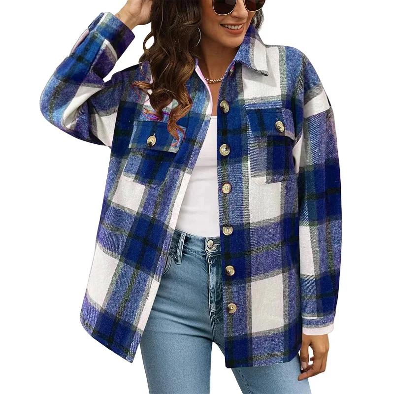 Spring Autumn Casual Plaid Shirt for Women Fashion Checkered Button Long Sleeved Loose Shirt Casual Versatile Shirt Coat