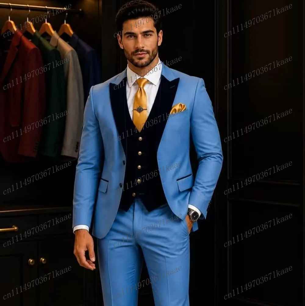 Sky Blue And Dark Blue Formal Men Suit Wedding Party Groom Groomsman Male Tuxedos Costume 3 Piece Set Jacket Vest Pants B10