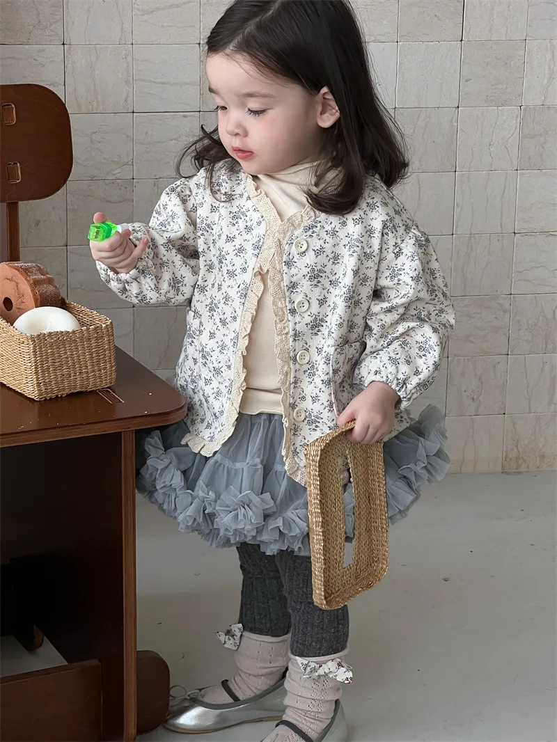 2024 Autumn New Baby Girl Long Sleeve Floral Coat Cotton Infant Toddler Cute Lace Cardigan Girls Soft Flower Jacket Kids Clothes