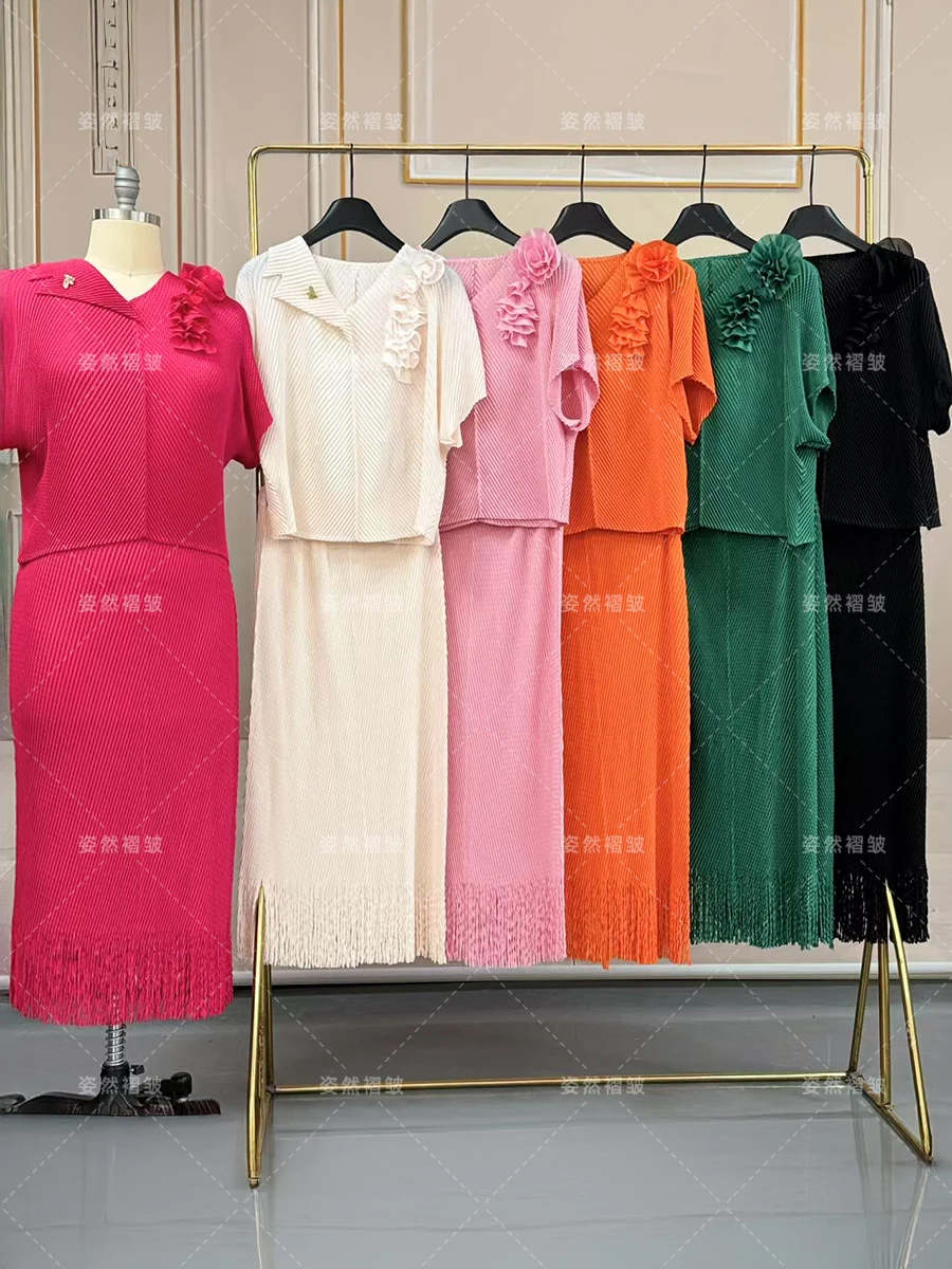 Chic e elegante conjunto de 2 peças feminino miyake plissado topo e saias longas festa de luxo senhora do escritório moda duas roupas femininas 2026