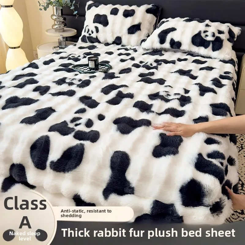 

Thickened Rabbit Fur Bedding Cover Milk Coral Velvet Protection Bedding Set Three-Piece Set Warmth Dustproof for Winter Use