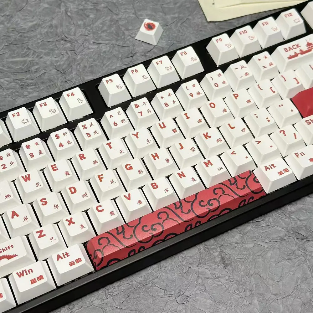 Red White Theme Full Set Keycaps Cherry Height PBT Thermal Sublimation For 60 61 64 68 75 84 87 96 98 104 Mechanical Keyboard