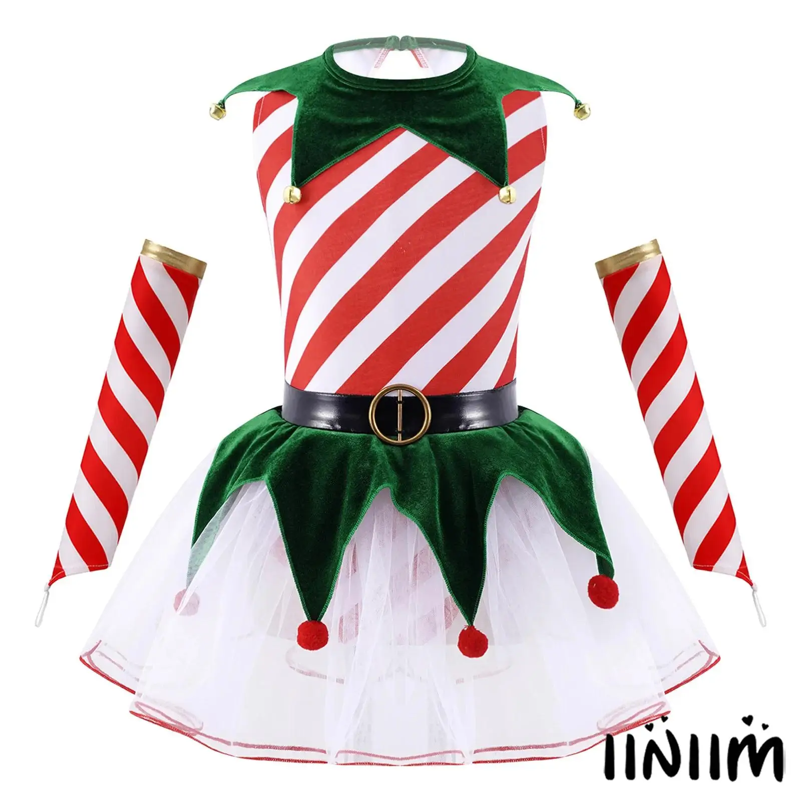 

Kids Girls Christmas Costume Sleeveless Stripes Print Bells Pompom Mesh Tutu Dress with Stripe Oversleeves for Xmas Performance