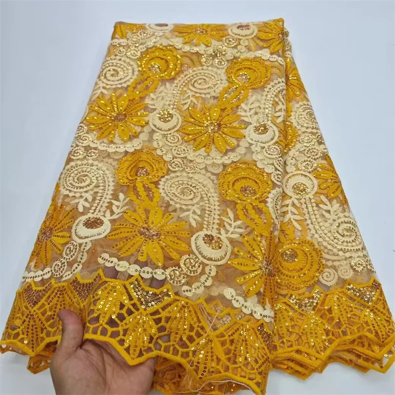 

French African Yellow Mesh Sequns Lace Fabrics 2025 High Quality French Sequins Bridal Lace Fabric For Women Wedding Dress