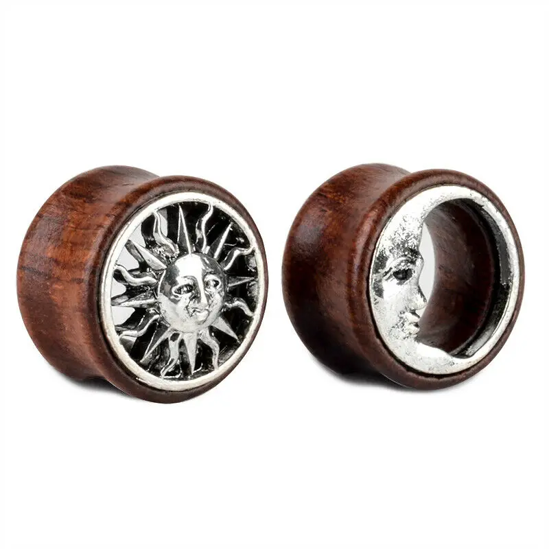 2PCS Wood Ear Plugs Moon And Sun Gauges Earrings Women Men Flesh Tunnel Expander Piericing Stretcher Body Piercing Jewelry