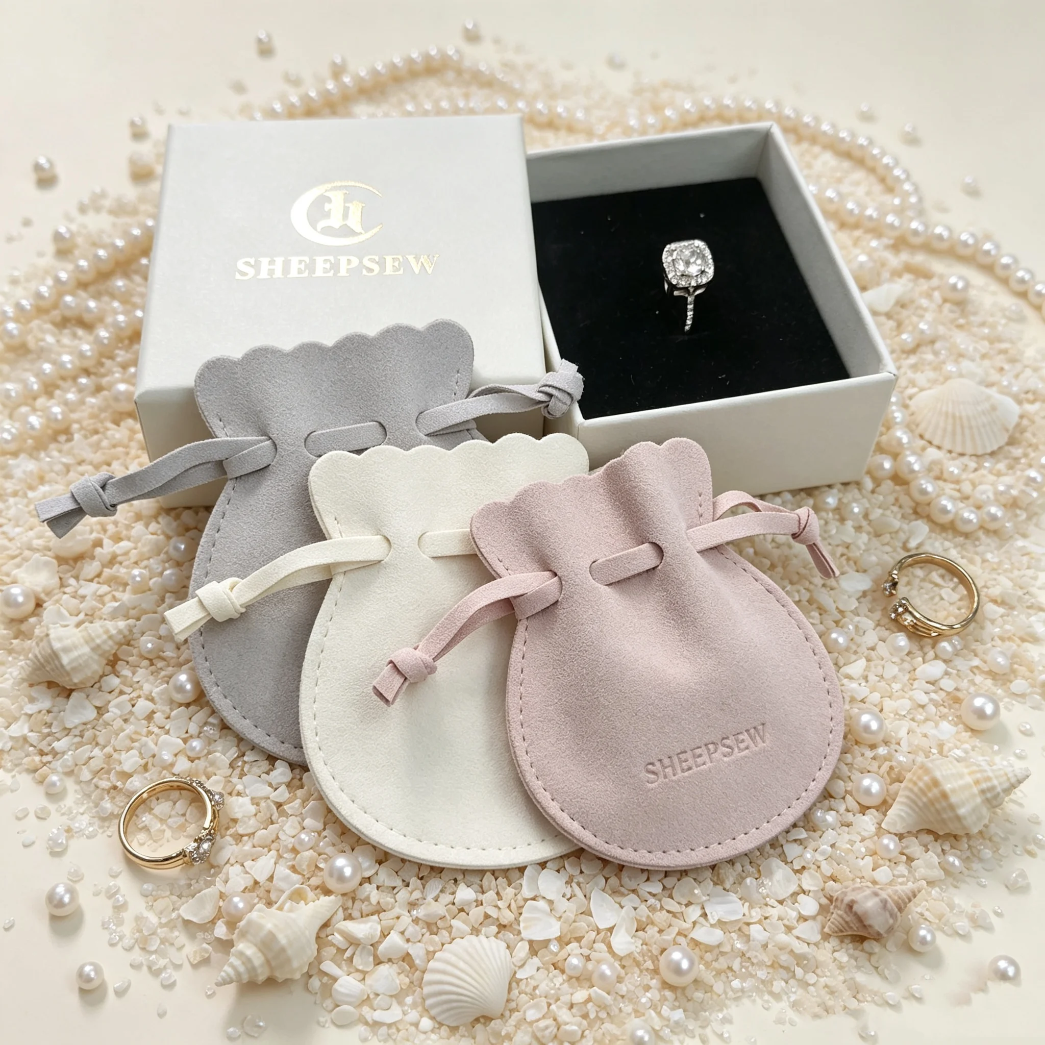 SheepSew Custom Debossed Logo Microfiber Drawstring Jewelry Pouch Soft Suede Cloth Storage Bag For Ring Necklace Earring Pearl J