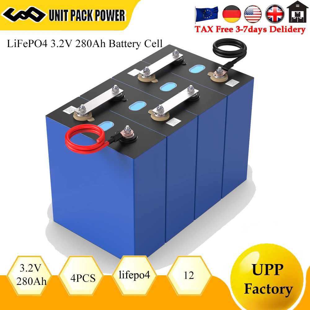 280Ah 3.2V Lifepo4 Battery 4Pcs Rechargeable Cell Lithium Iron Phosphate Prismatic Diy 12V 24V 36V 48V for Solar Energy RV Boats