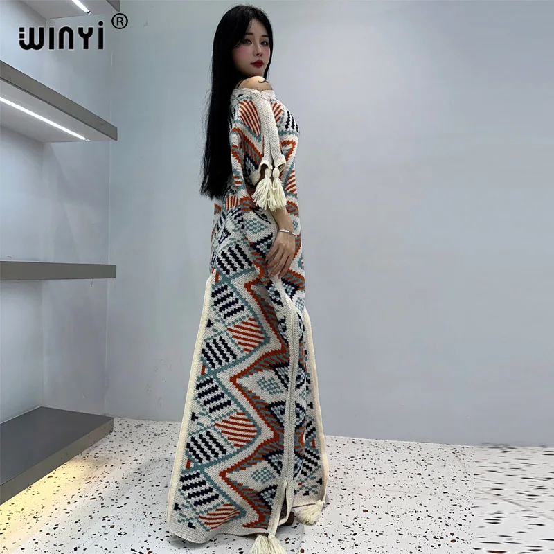 WINYI new Geometric print Comfort Warm fashion Caftan Holiday dress Elegant Africa Boho party winter kaftan for women long dress